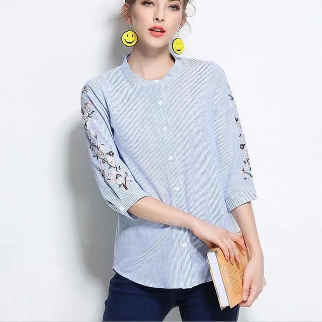 Ordifree Top 2017 Summer Female Blouse Cotton Flower Embroidered Plus Size 3XL 4XL Floral Embroidery Women Striped Shirt