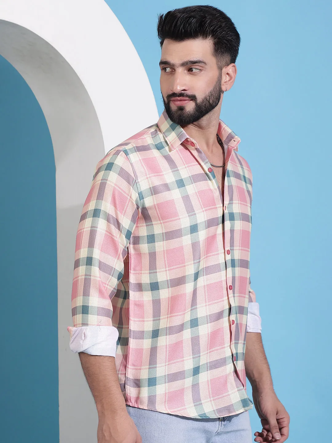 Peach Checked Cotton Casual Shirt For Men