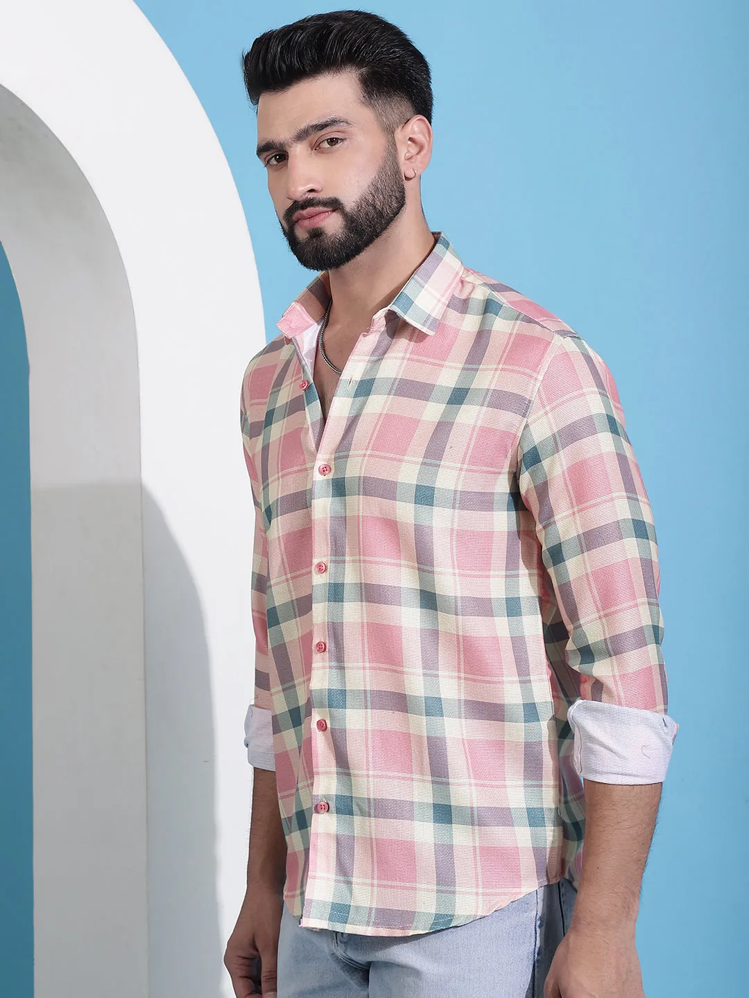 Peach Checked Cotton Casual Shirt For Men