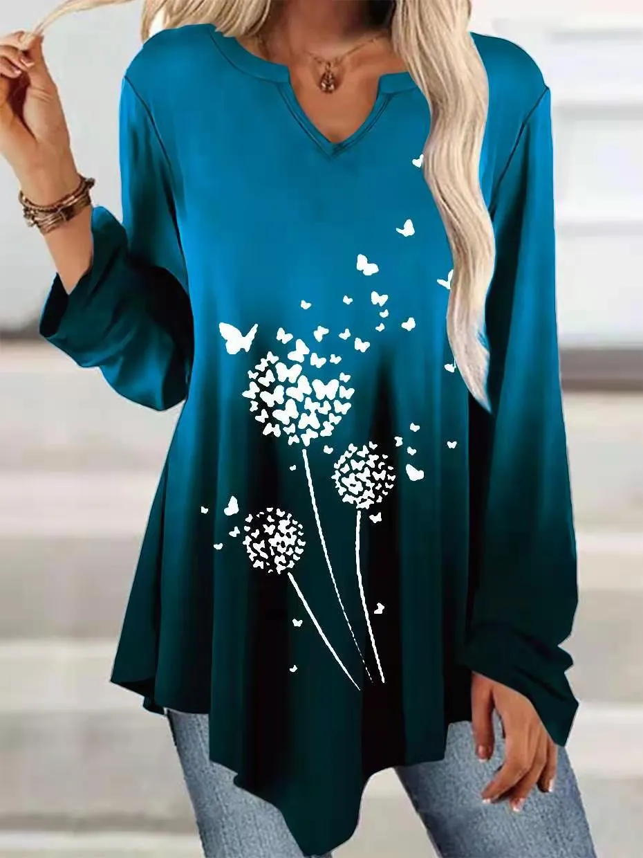 Personalized gradient color print ruffled hem long-sleeved T-shirt