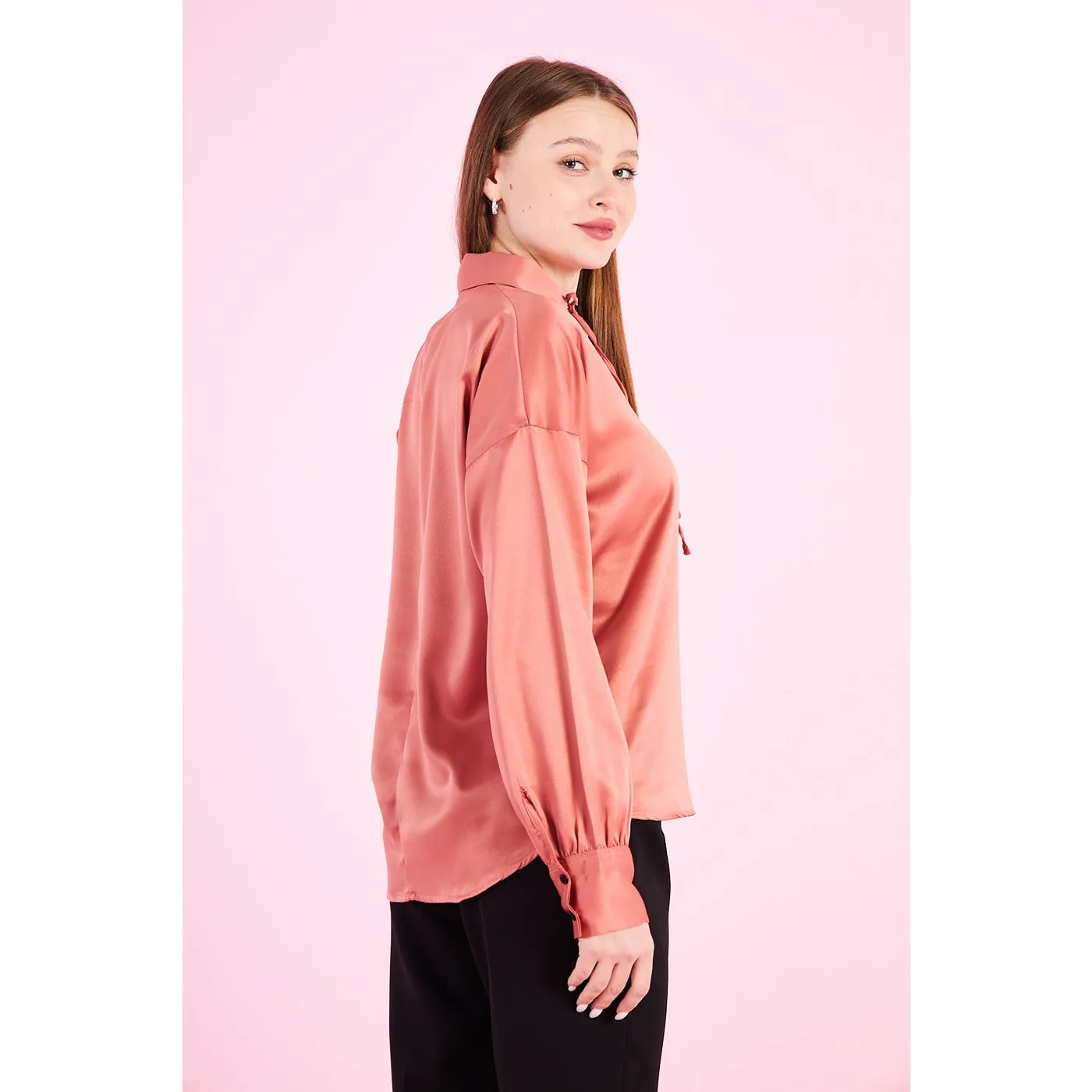 Pink Knotted Collar Satin Top