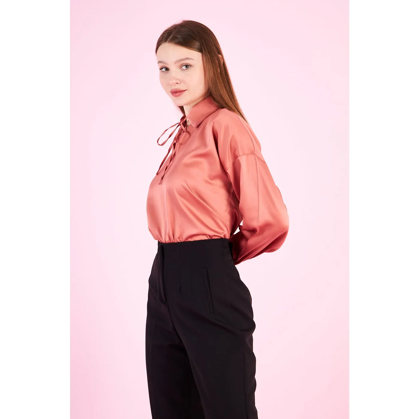 Pink Knotted Collar Satin Top