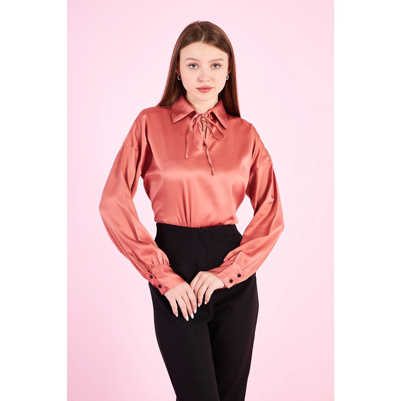 Pink Knotted Collar Satin Top