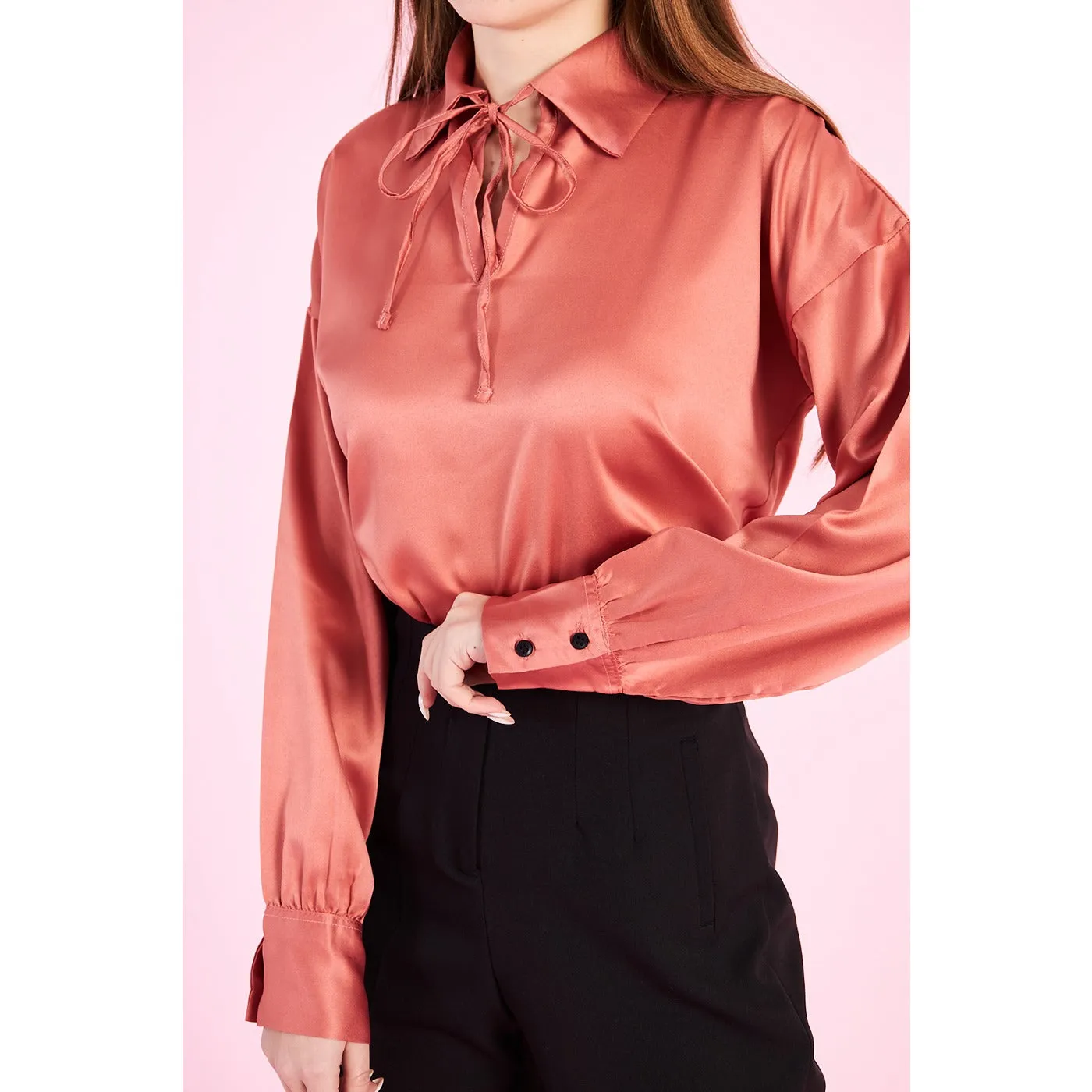 Pink Knotted Collar Satin Top