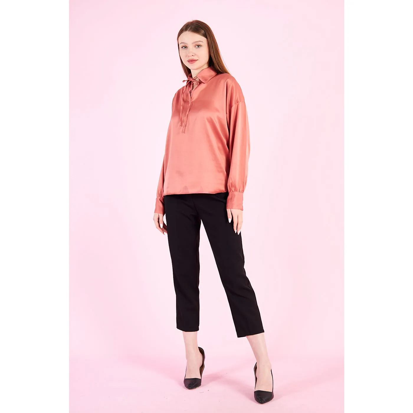 Pink Knotted Collar Satin Top