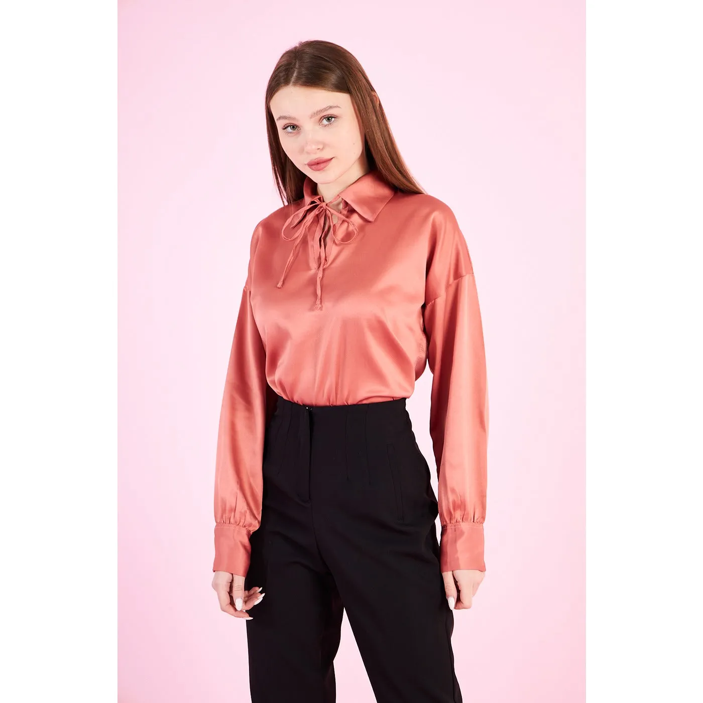 Pink Knotted Collar Satin Top