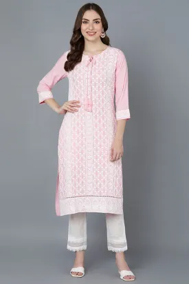 Pink Poly Silk Thread Embroidered Straight Kurti