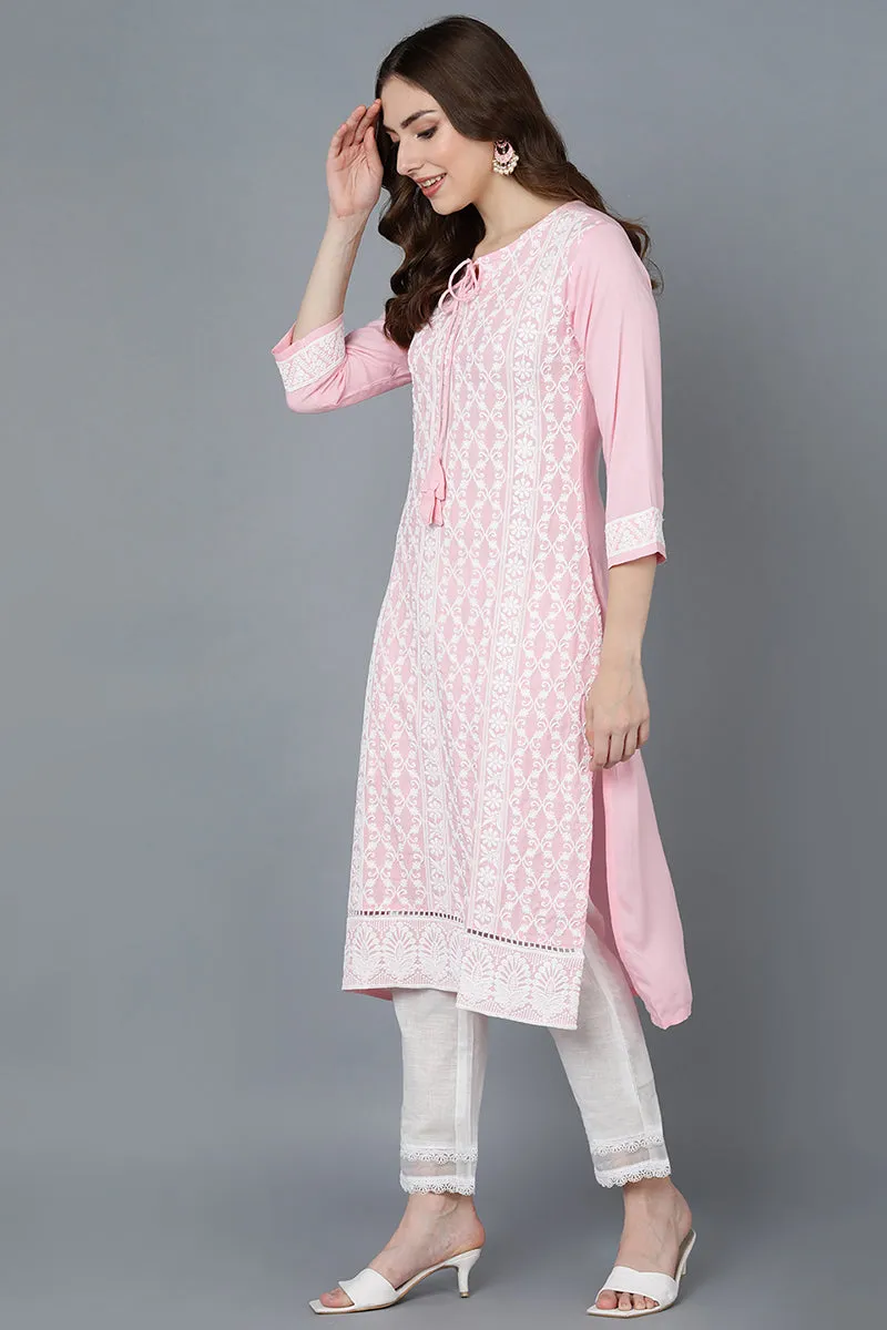 Pink Poly Silk Thread Embroidered Straight Kurti