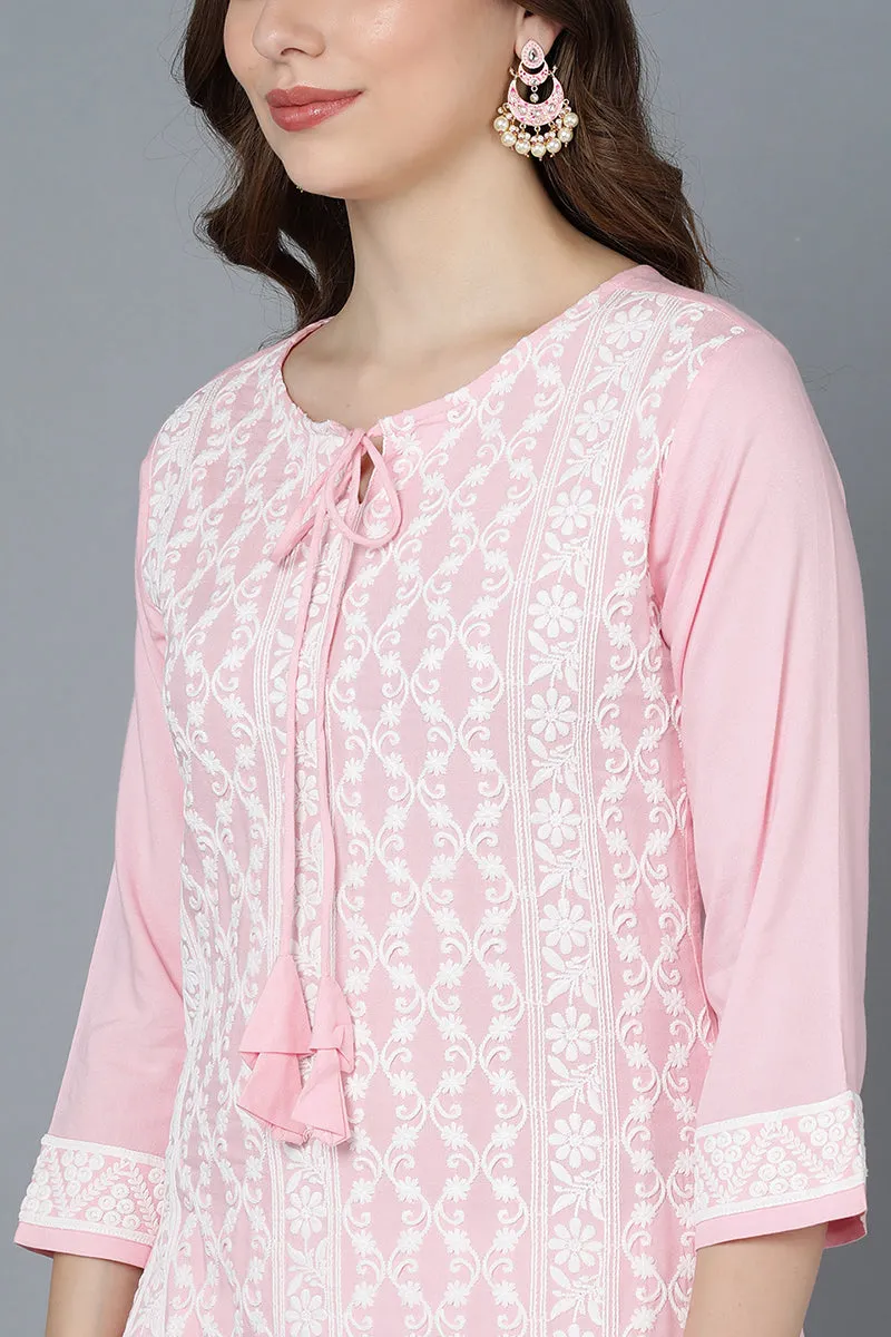 Pink Poly Silk Thread Embroidered Straight Kurti