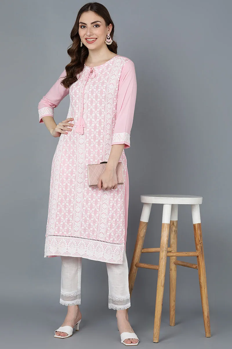 Pink Poly Silk Thread Embroidered Straight Kurti