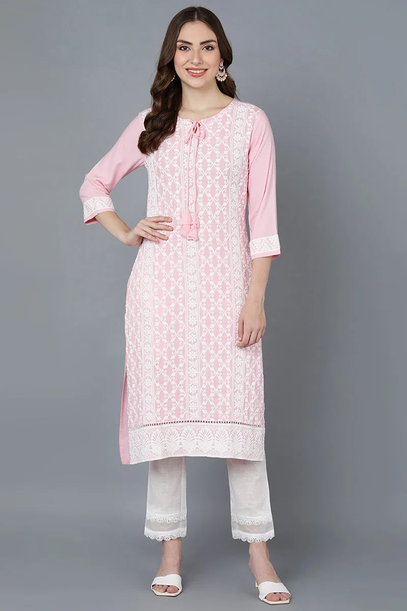 Pink Poly Silk Thread Embroidered Straight Kurti