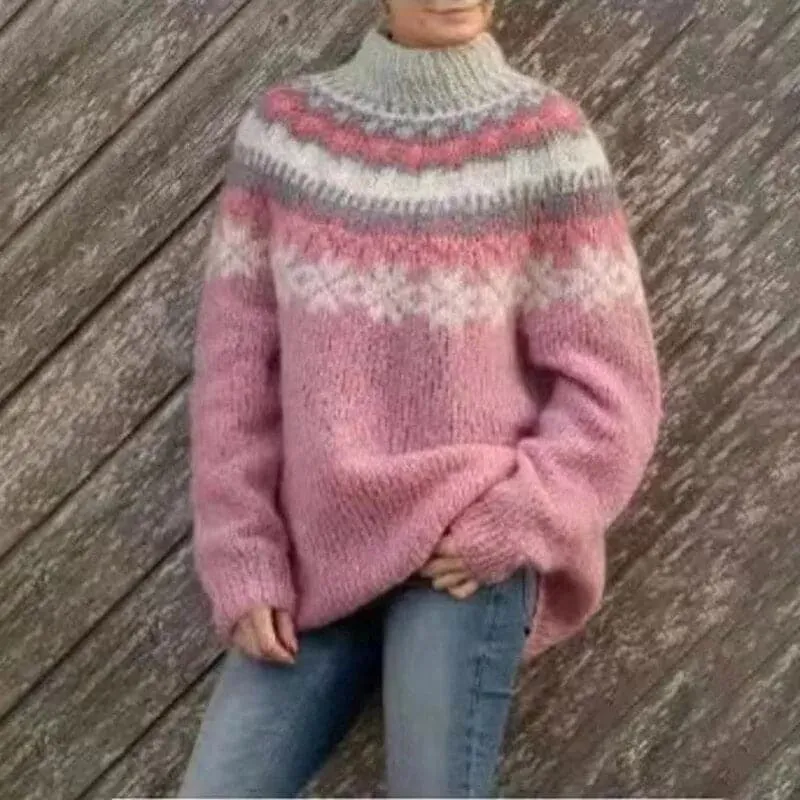 Pink Turtleneck Sweater - Cozy Polyester Knit in Stylish Loose Fit