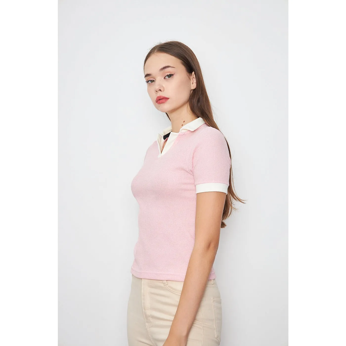 Pink Waffle Contrast Polo