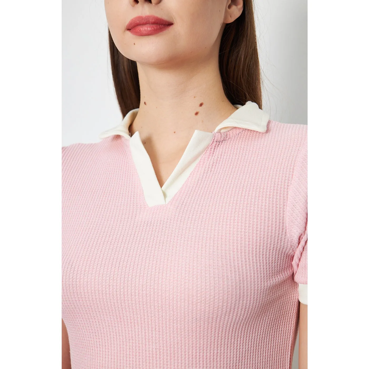 Pink Waffle Contrast Polo