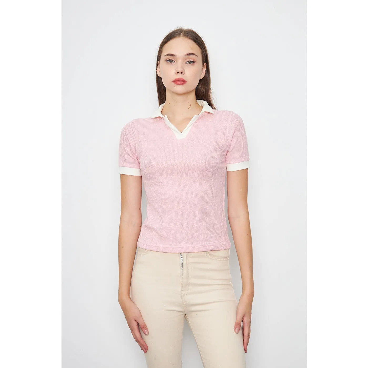 Pink Waffle Contrast Polo