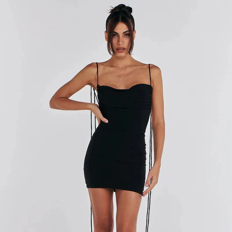 Pleated Slim Bodycon Bandage Spaghetti Strap Summer Nightclub Sexy Mini Dress