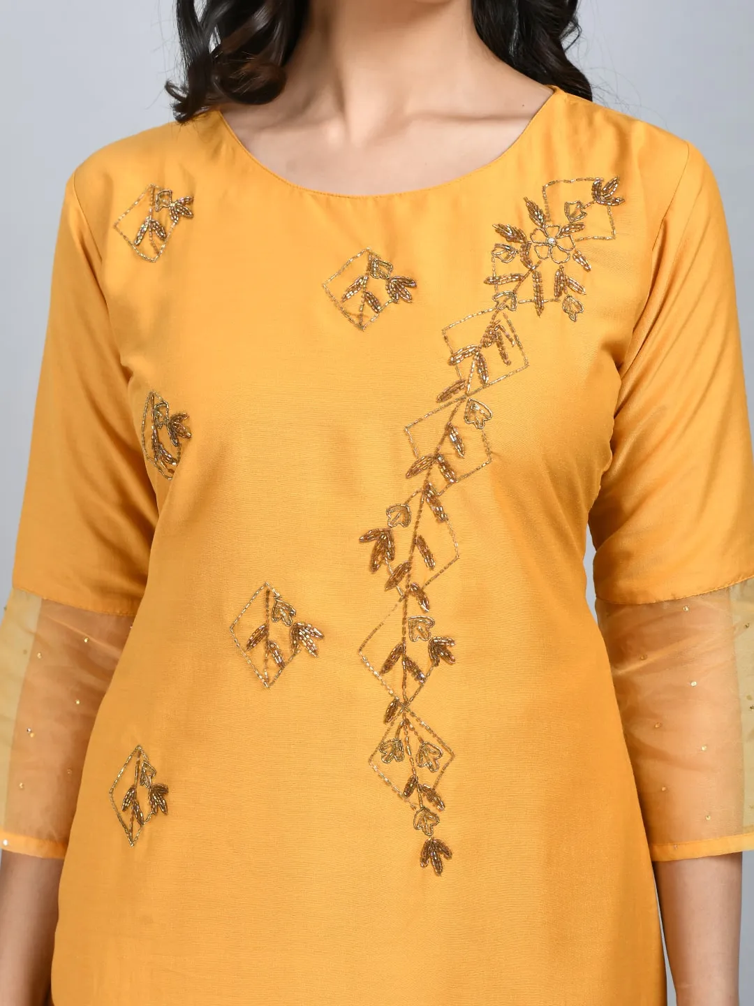 Plus Size Women Yellow Cotton Silk and Organza Embellished Kurta Set