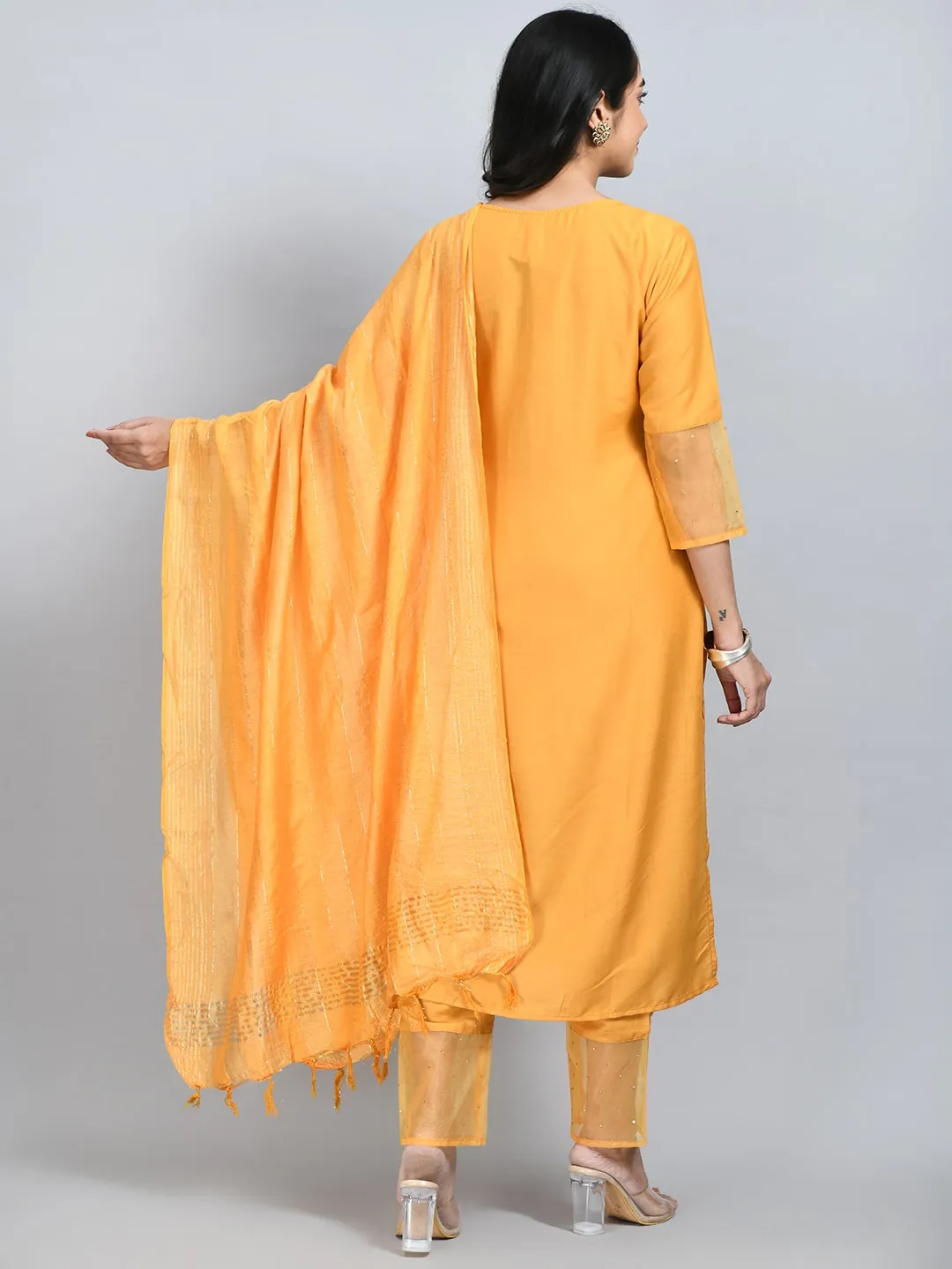 Plus Size Women Yellow Cotton Silk and Organza Embellished Kurta Set