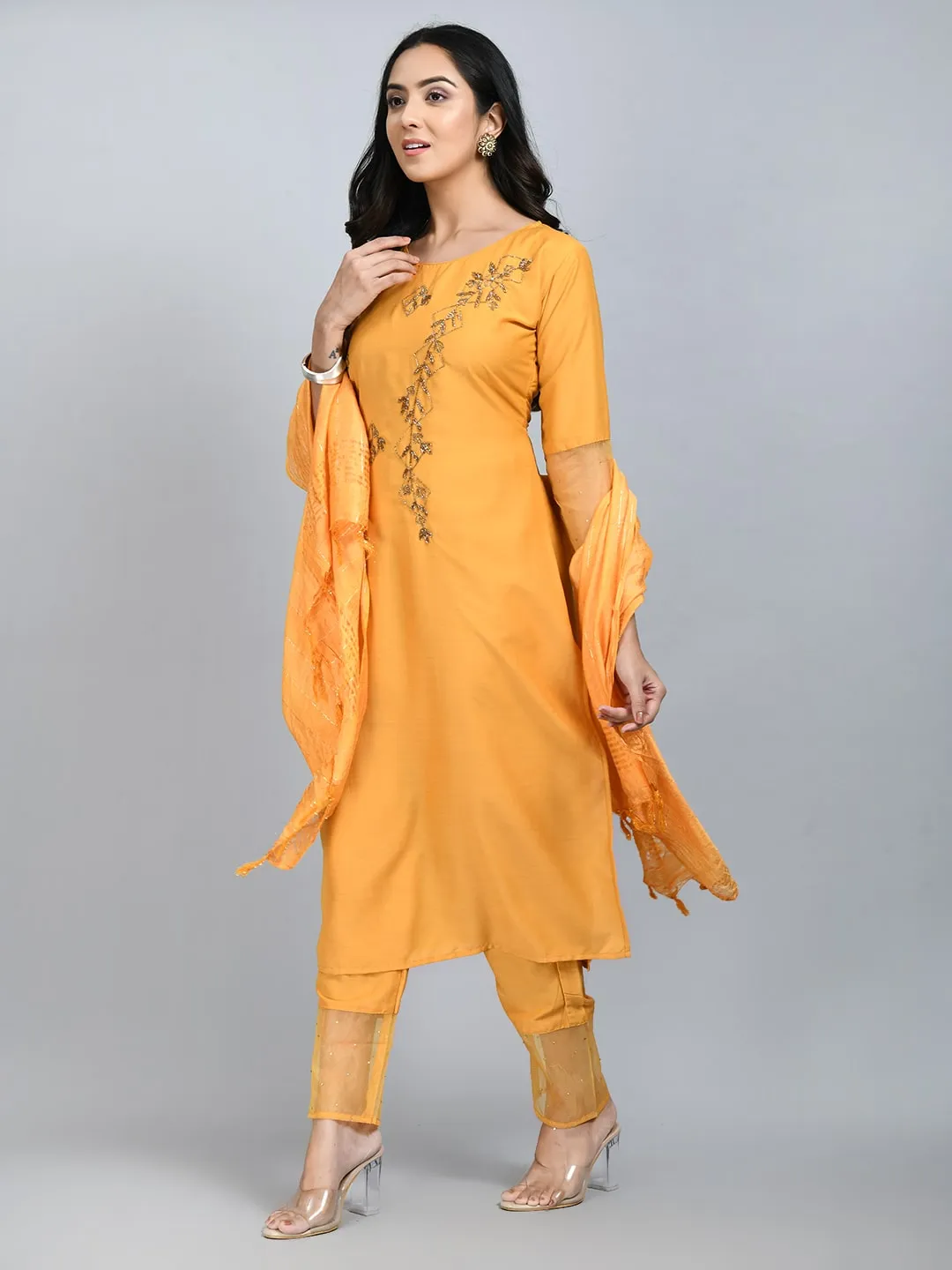 Plus Size Women Yellow Cotton Silk and Organza Embellished Kurta Set