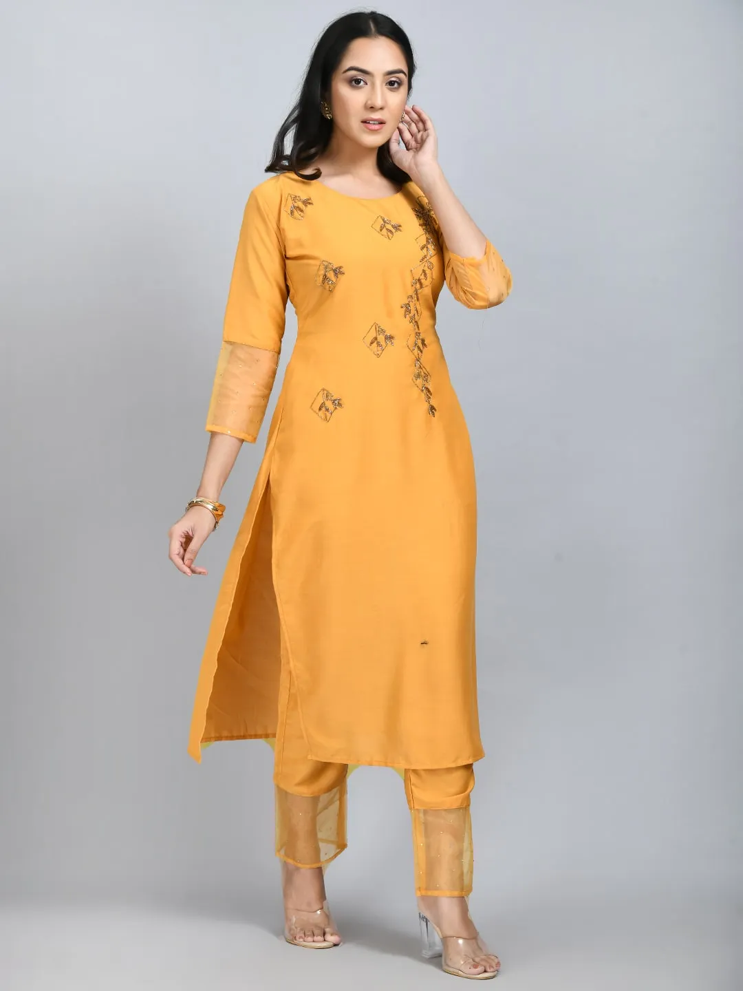 Plus Size Women Yellow Cotton Silk and Organza Embellished Kurta Set