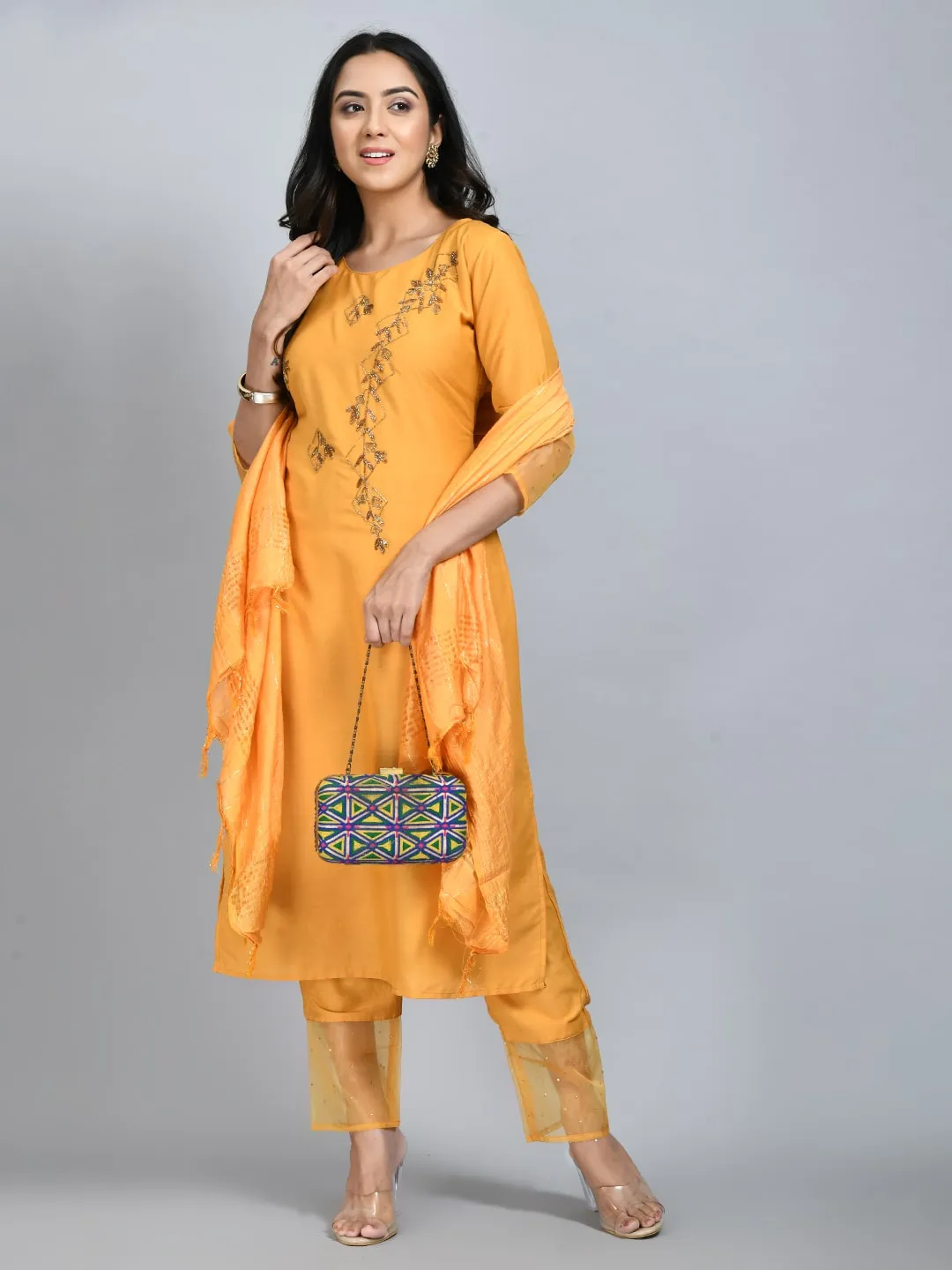 Plus Size Women Yellow Cotton Silk and Organza Embellished Kurta Set