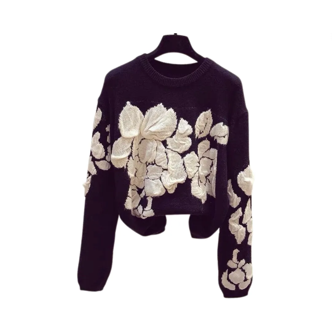 Pre Order: Embroidery Flower Round Neck Knitted Sweater