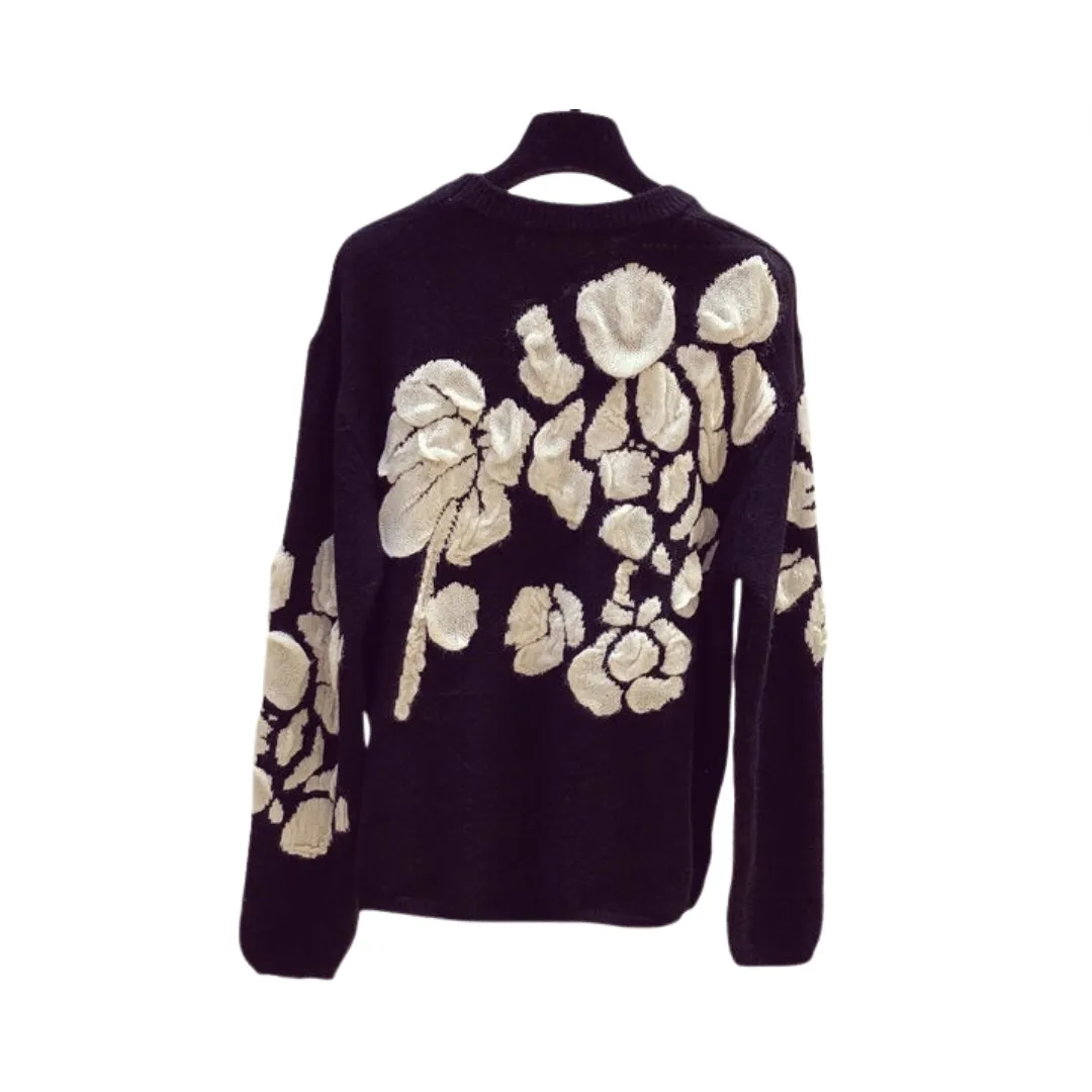 Pre Order: Embroidery Flower Round Neck Knitted Sweater