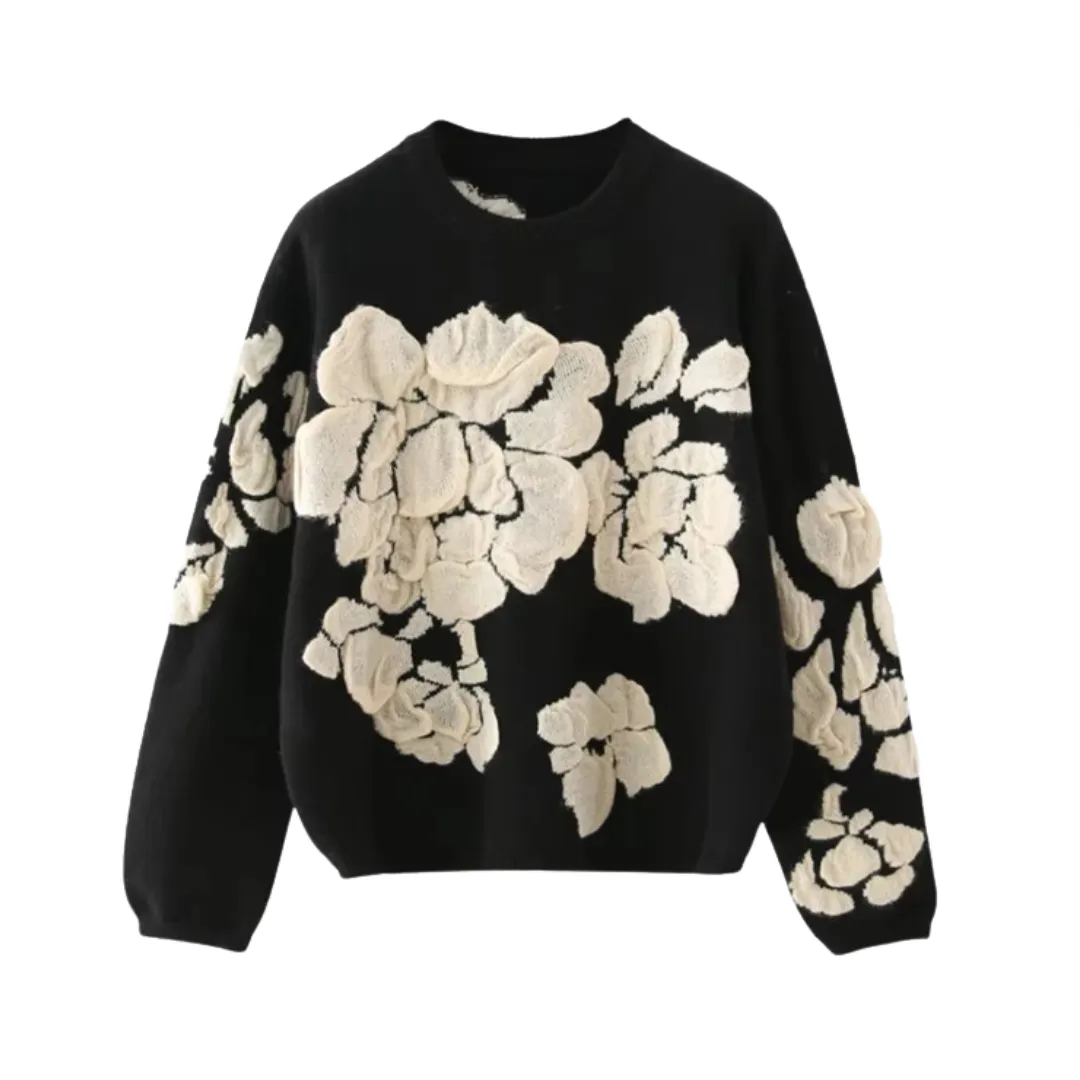 Pre Order: Embroidery Flower Round Neck Knitted Sweater