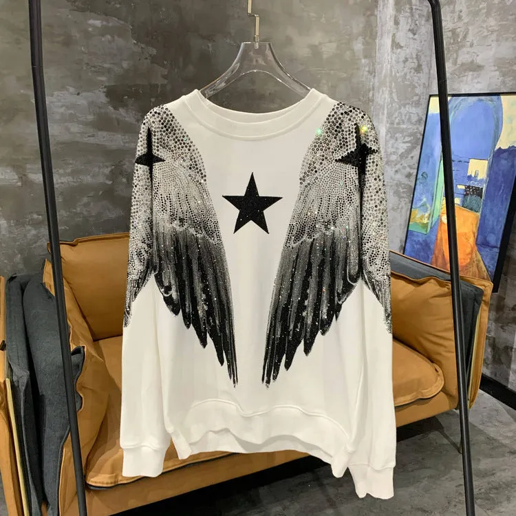 Pre Order: Hot Stamping Full Diamond Large Wings Round Neck Sweater