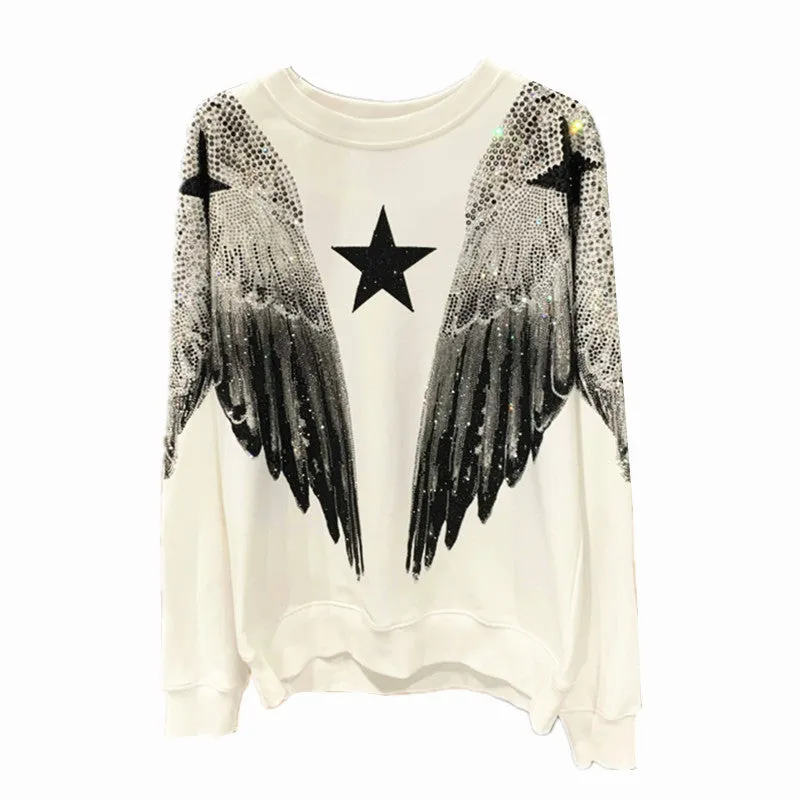 Pre Order: Hot Stamping Full Diamond Large Wings Round Neck Sweater