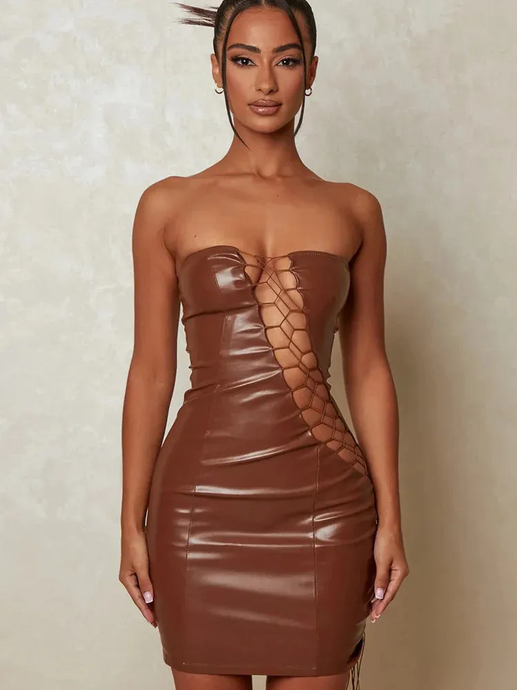 PU Leather Strapless Sleeveless Backless Bodycon Party Mini Dress