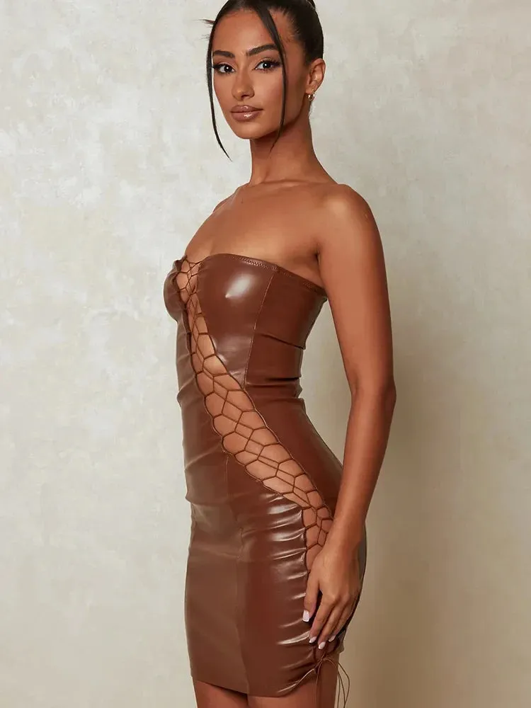 PU Leather Strapless Sleeveless Backless Bodycon Party Mini Dress