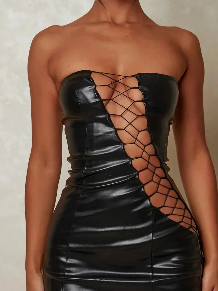 PU Leather Strapless Sleeveless Backless Bodycon Party Mini Dress