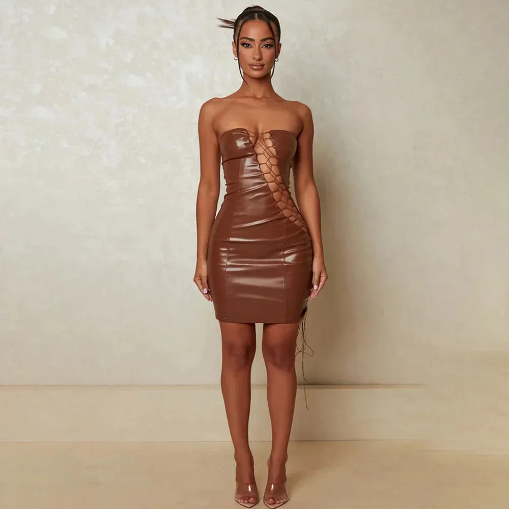 PU Leather Strapless Sleeveless Backless Bodycon Party Mini Dress