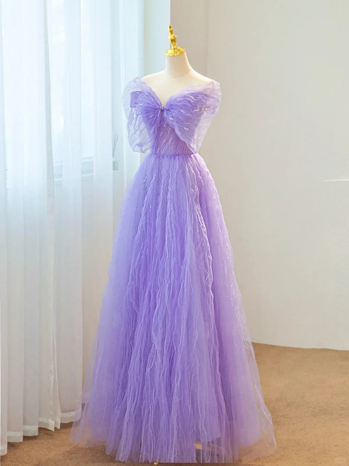 Purple A-line Sweetheart Tulle Long Formal Dress, Beaded Purple Prom Dress