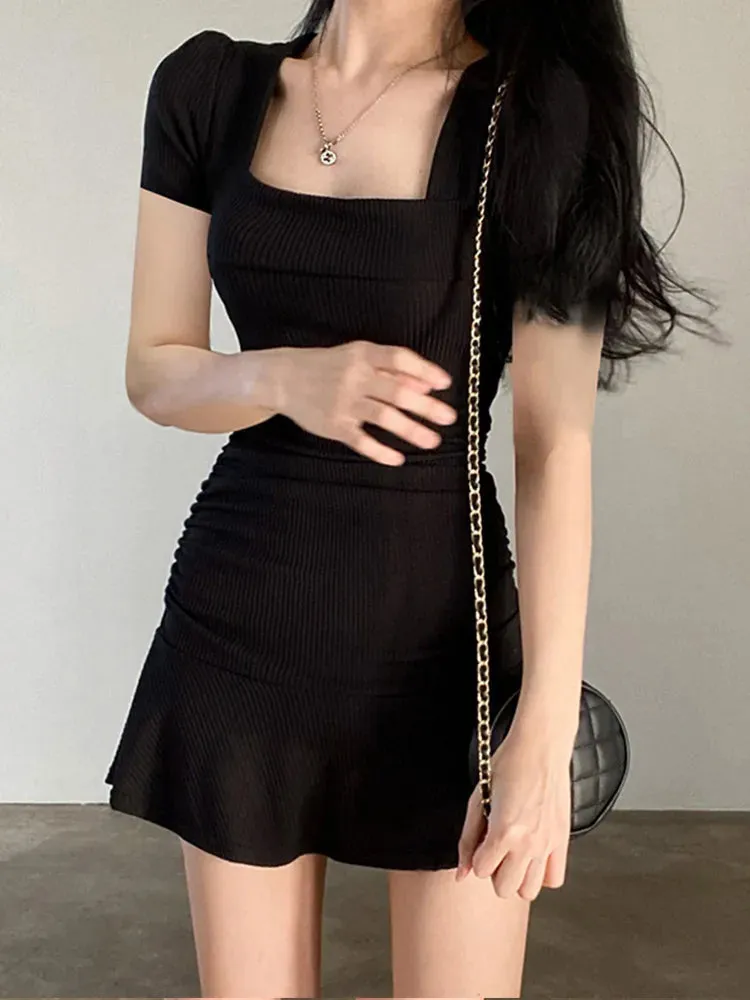 Ribbed Square Collar Ruffles Patchwork Mini Dress