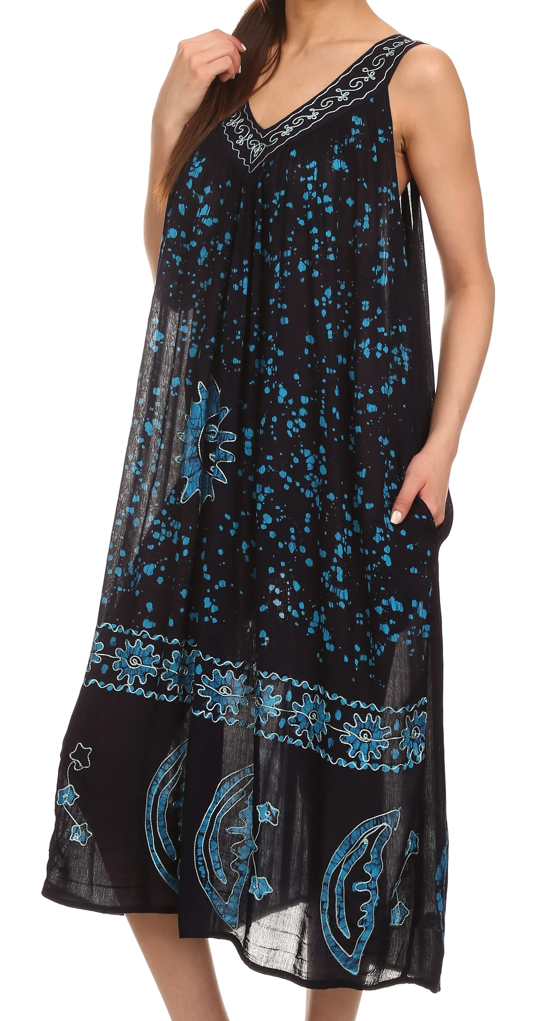 Sakkas Jaelyn Embroidered Tank Top Split Neck Broomstick Dress / Cover Up