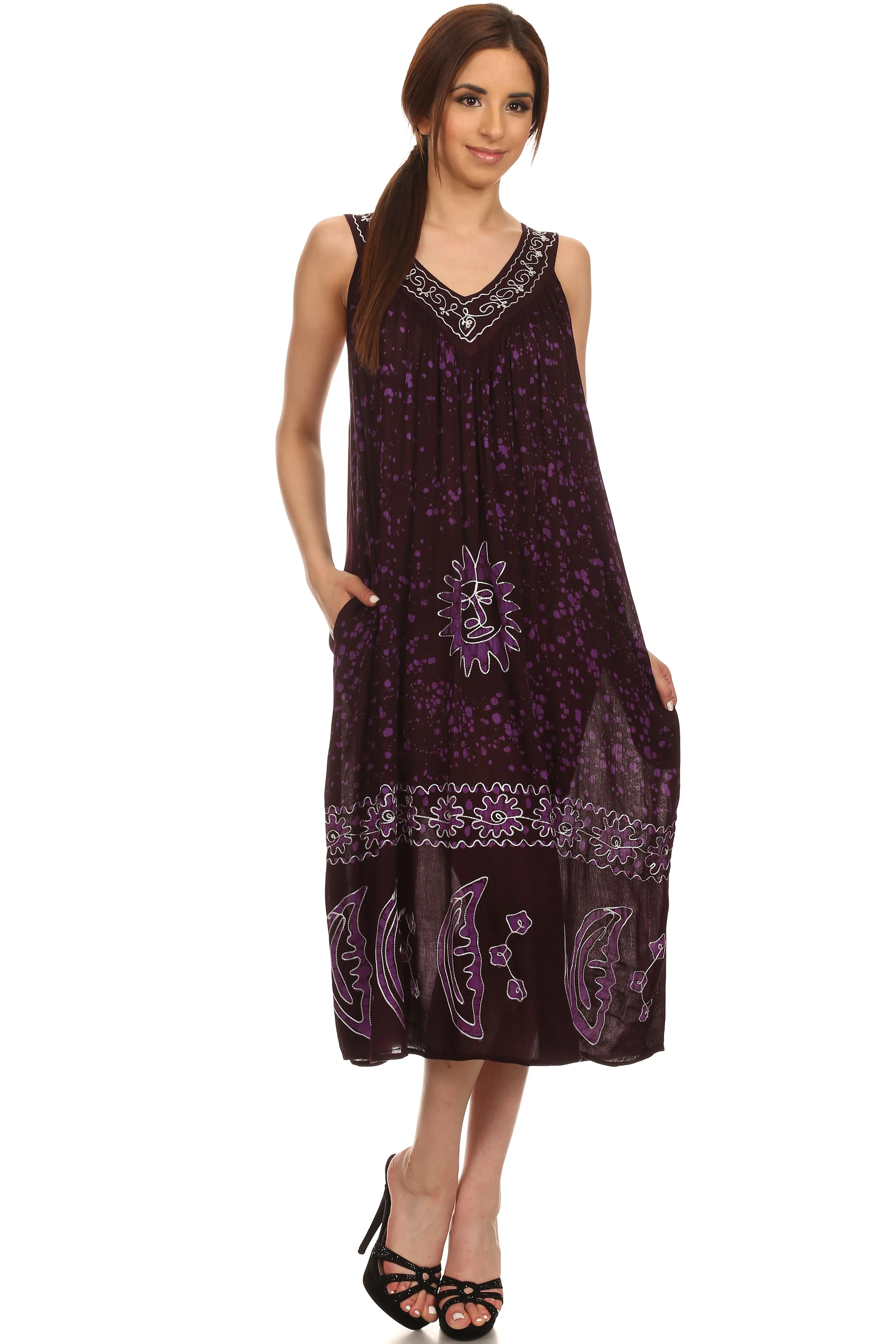 Sakkas Jaelyn Embroidered Tank Top Split Neck Broomstick Dress / Cover Up