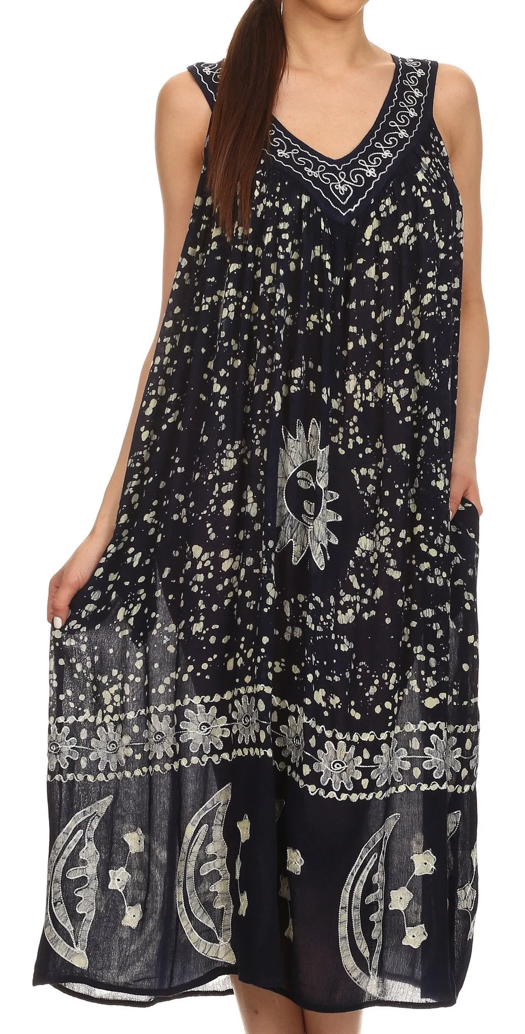 Sakkas Jaelyn Embroidered Tank Top Split Neck Broomstick Dress / Cover Up