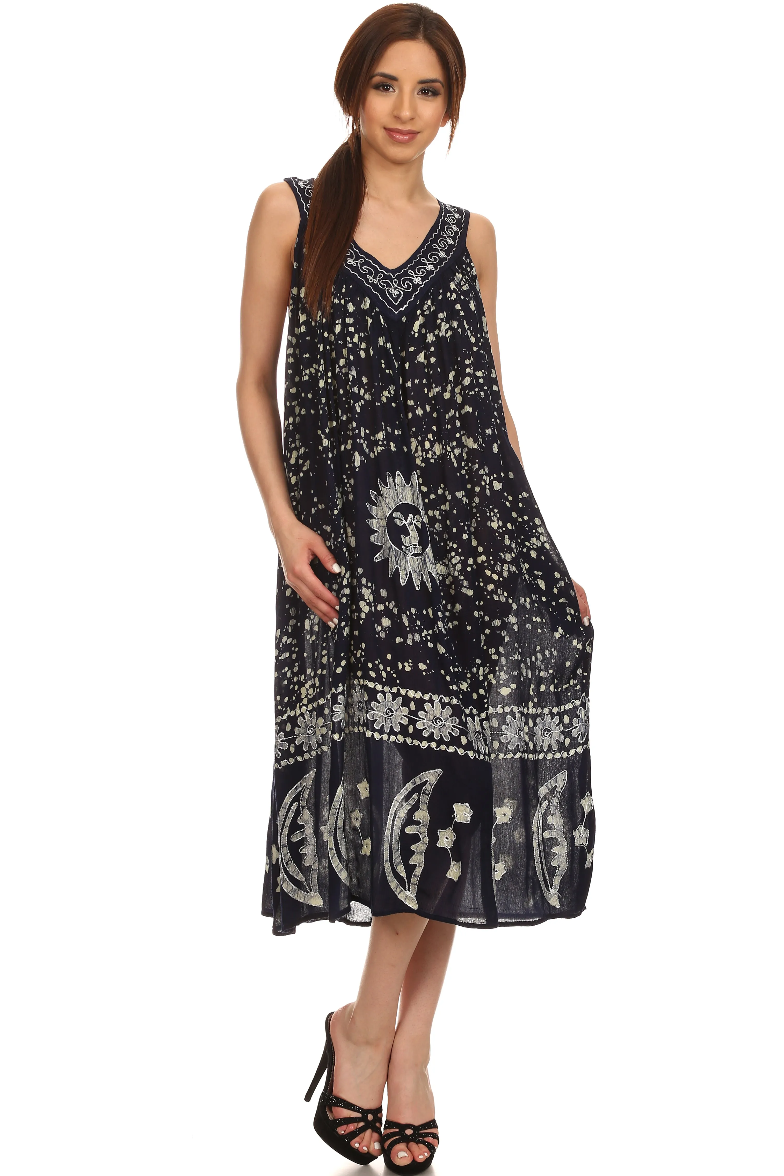 Sakkas Jaelyn Embroidered Tank Top Split Neck Broomstick Dress / Cover Up