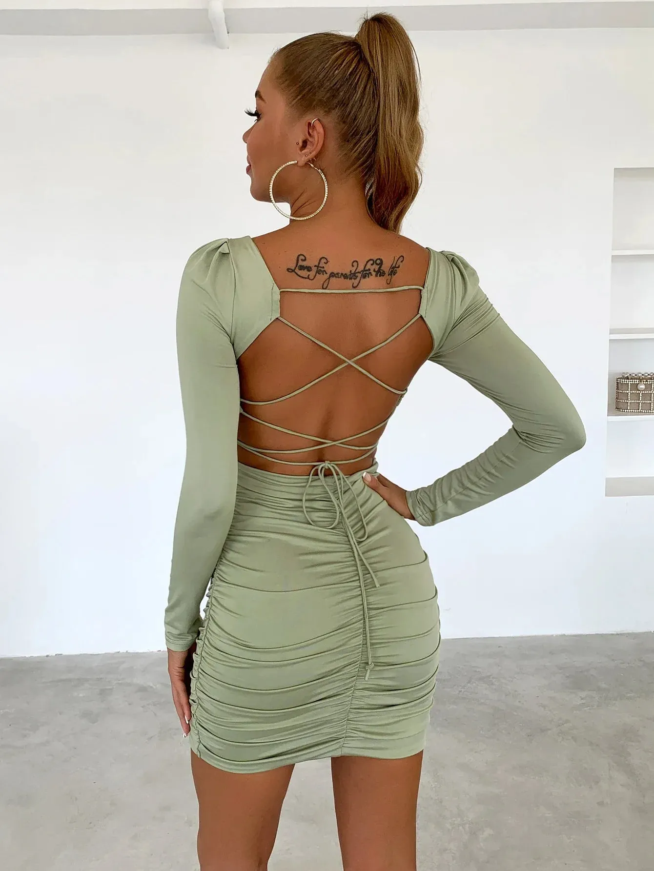 Sexy Long Sleeve Square Neck Bodycon Mini Dress for Women