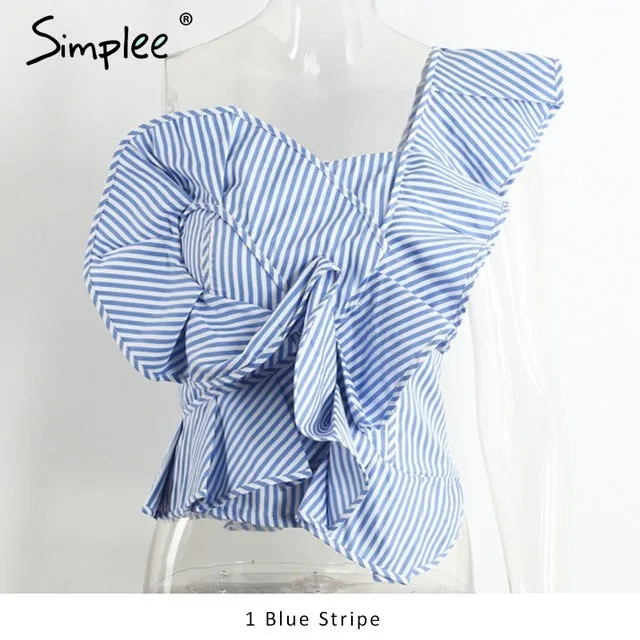 Simplee One shoulder blouse shirt women tops Summer irregular striped shirt blouse chemise femme Elegant ruffles zipper blusas