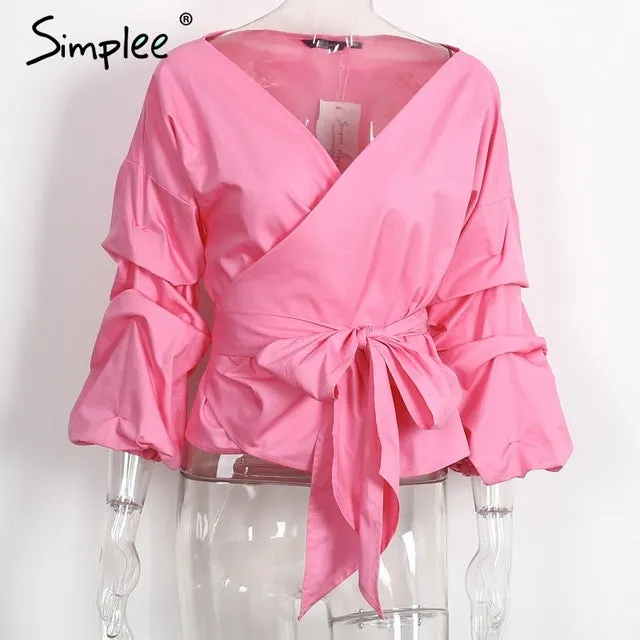 Simplee Ruffled off shoulder white blouse shirt Autumn sexy ruched sleeve cool blouse Women waist tie cotton top tees blusas