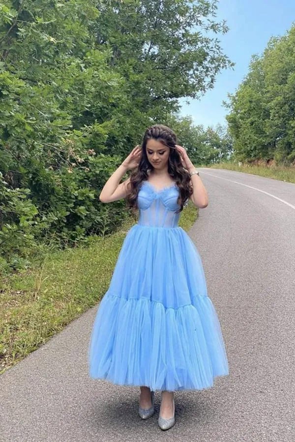 Sky Blue Straps Tulle A Line Prom Dress Sweetheart Homecoming Dresses,Formal Dresses