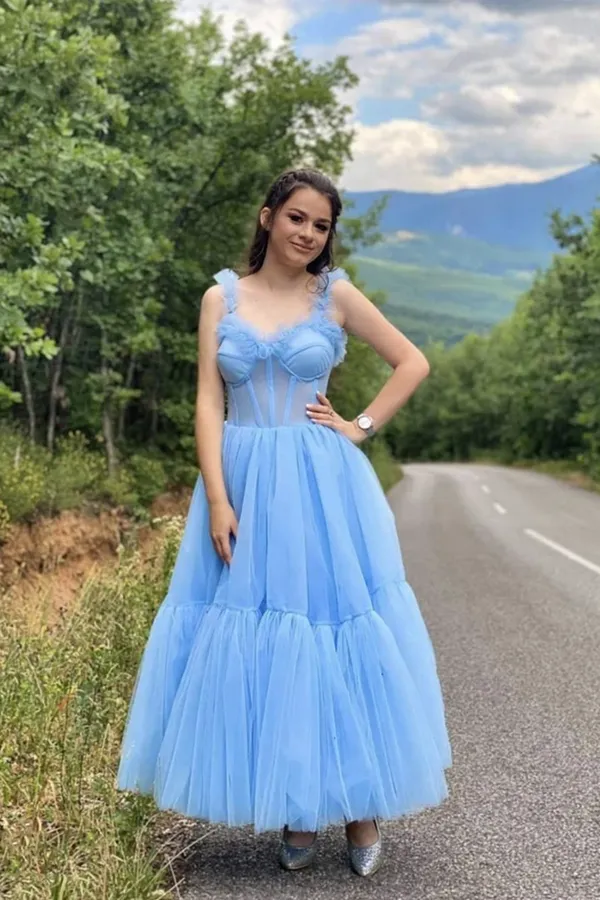 Sky Blue Straps Tulle A Line Prom Dress Sweetheart Homecoming Dresses,Formal Dresses