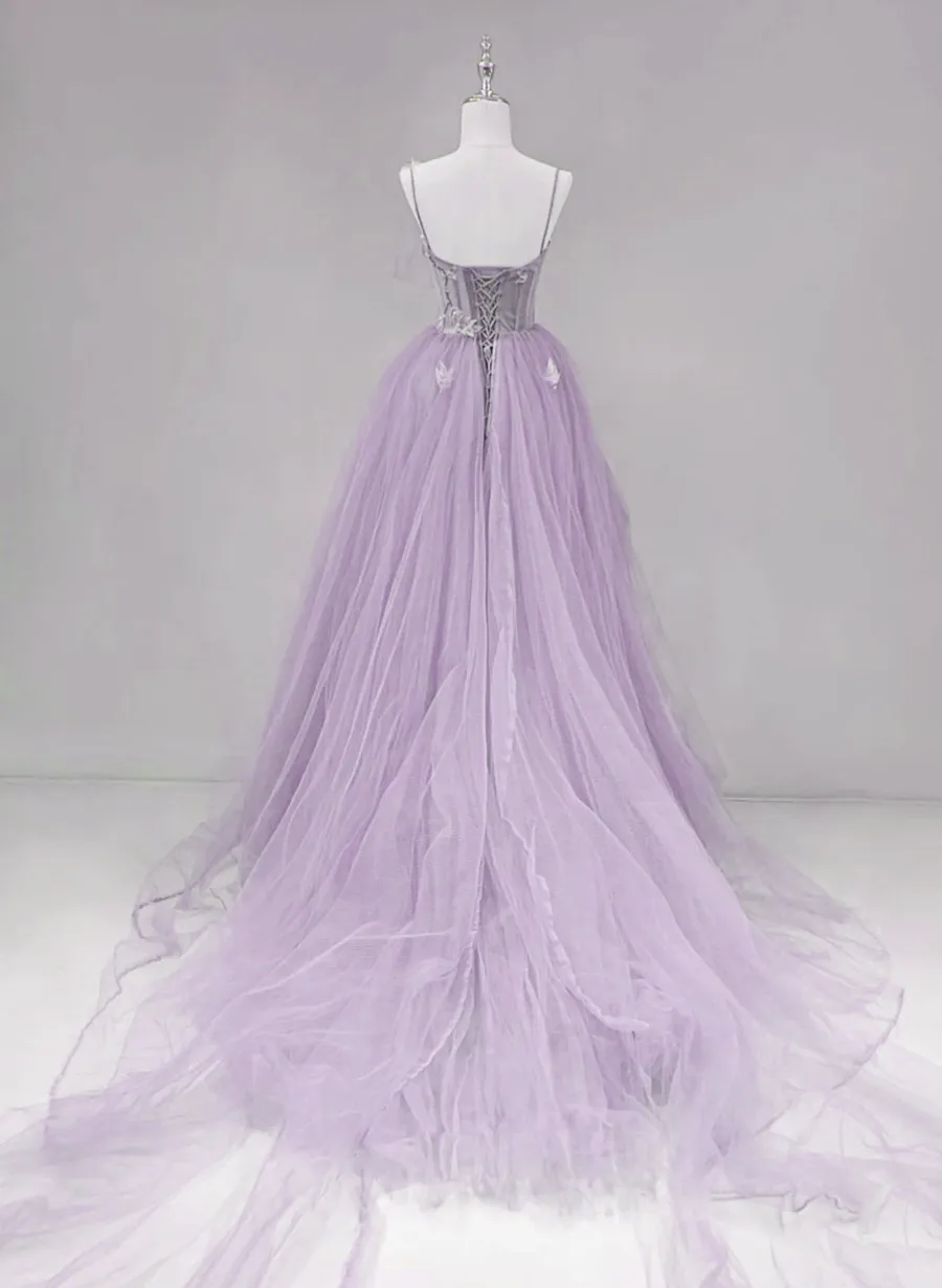 Solvbao Light Purple Tulle Straps Long Formal Dress Evening Dress, A-line Purple Prom Dress