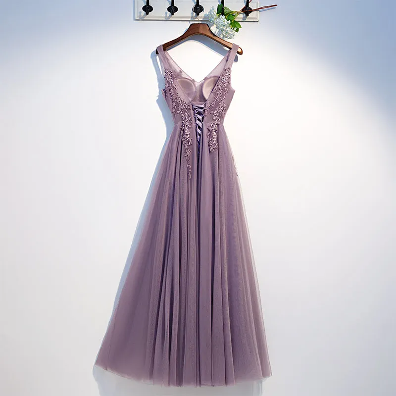 Solvbao Purple V-Neck Simple A-line Floor-length Appliques Bling Ruched Party, Formal Dresses Long Prom Dress