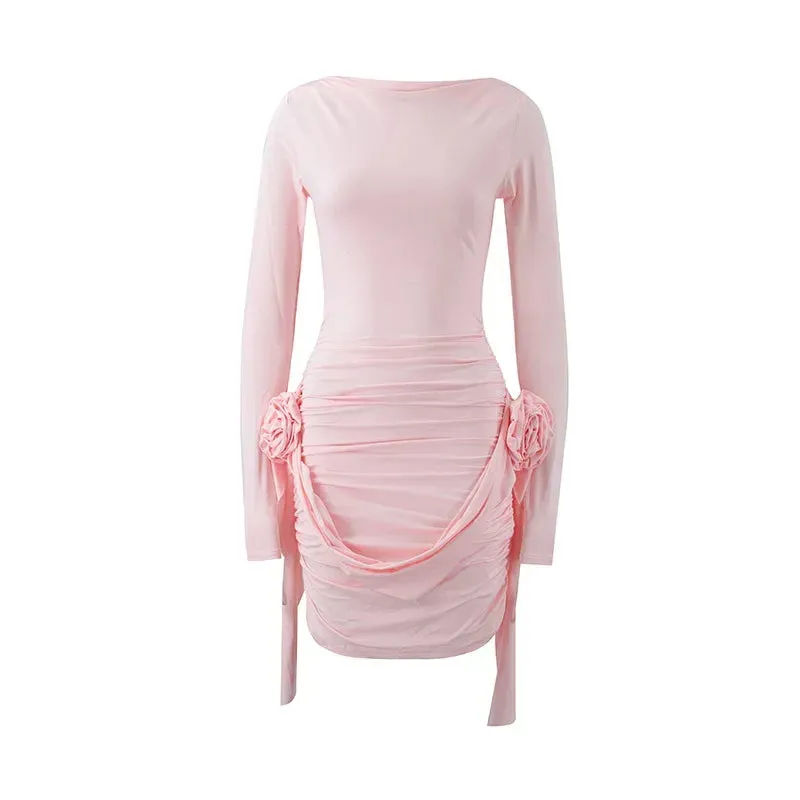 Spring and Summer Women's 2024 New Skinny Solid Flower Lace up Long-Sleeves Pleated Mini Dress