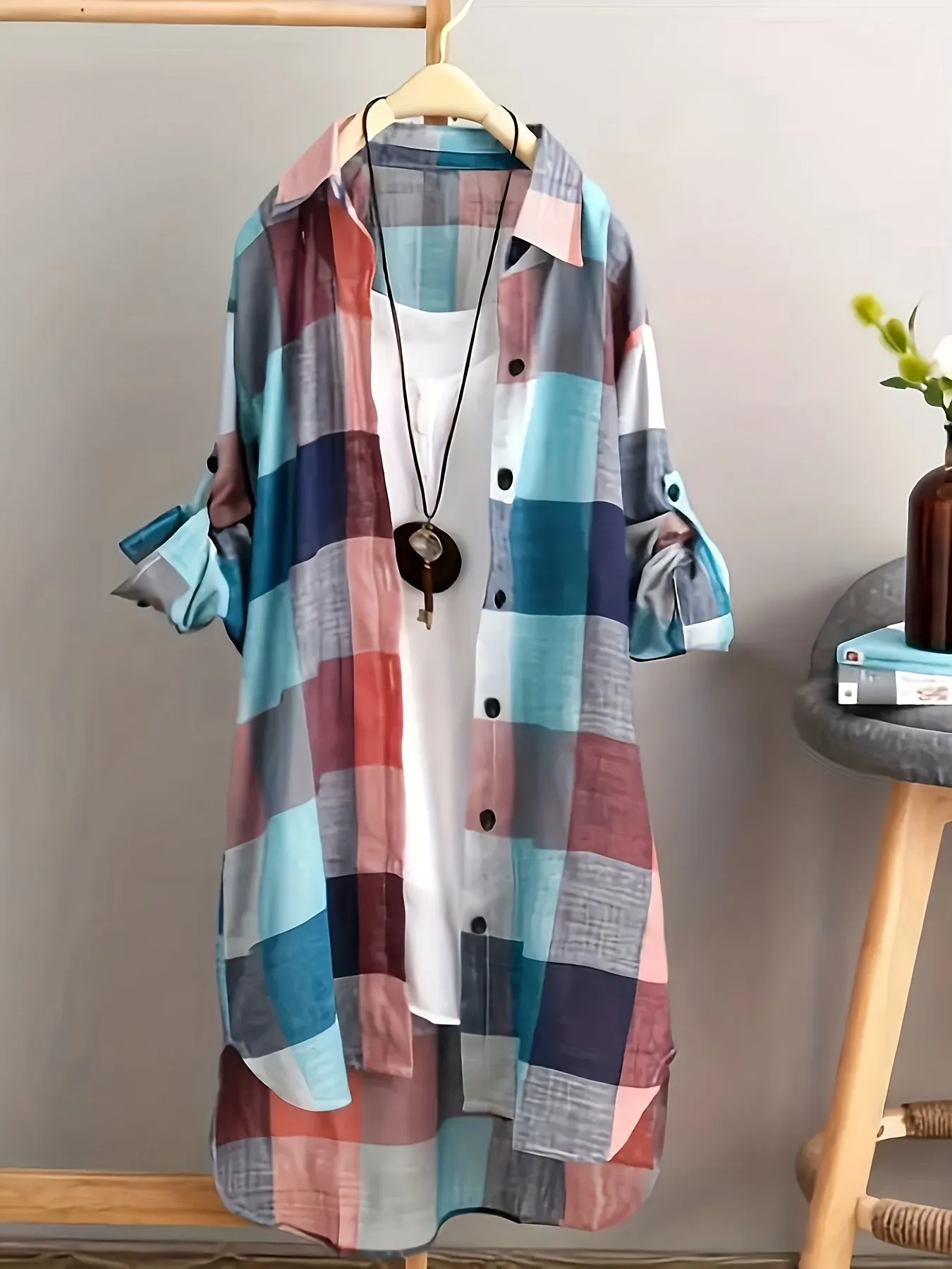 Stylish Plaid Plus Size Button Up Shirt for Women