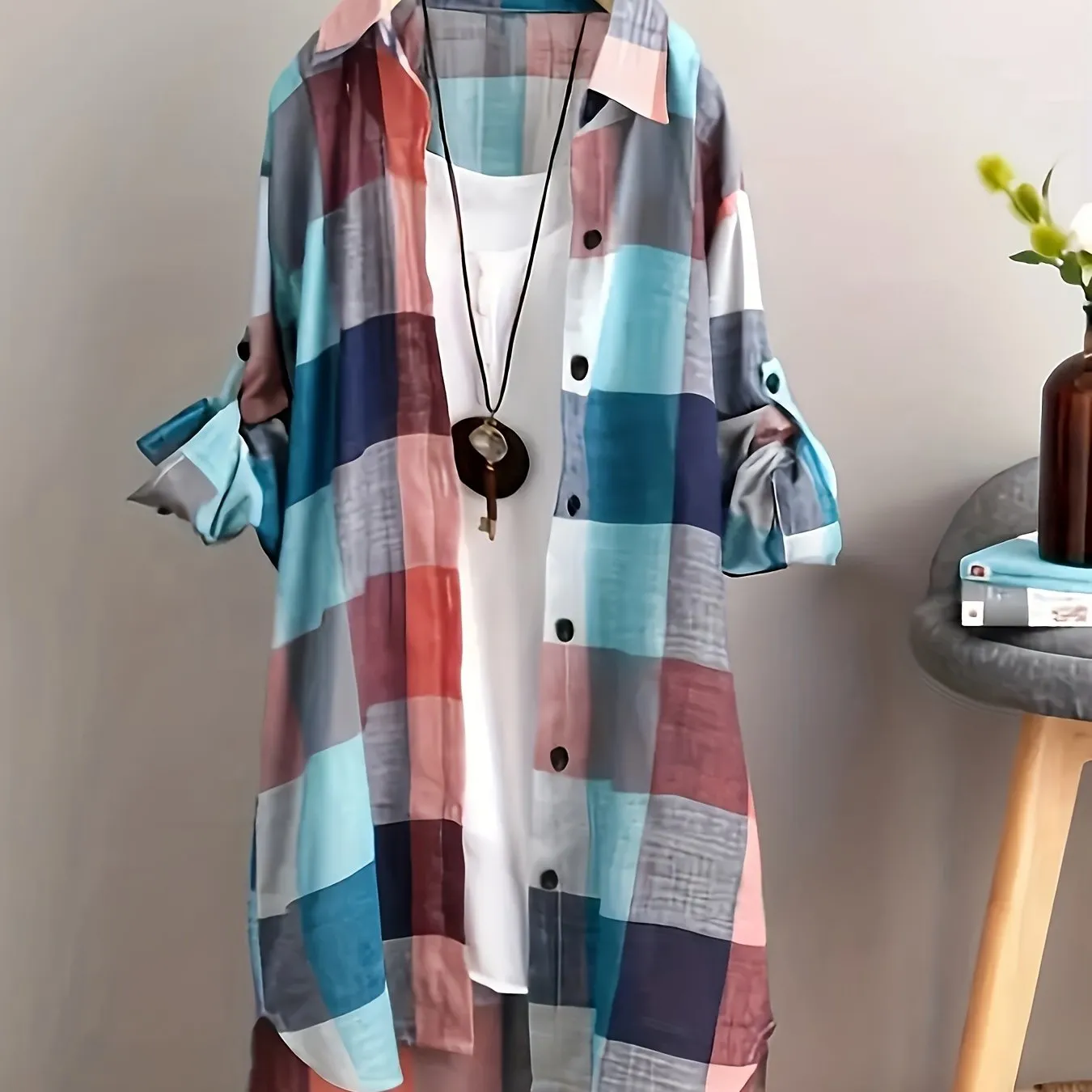 Stylish Plaid Plus Size Button Up Shirt for Women